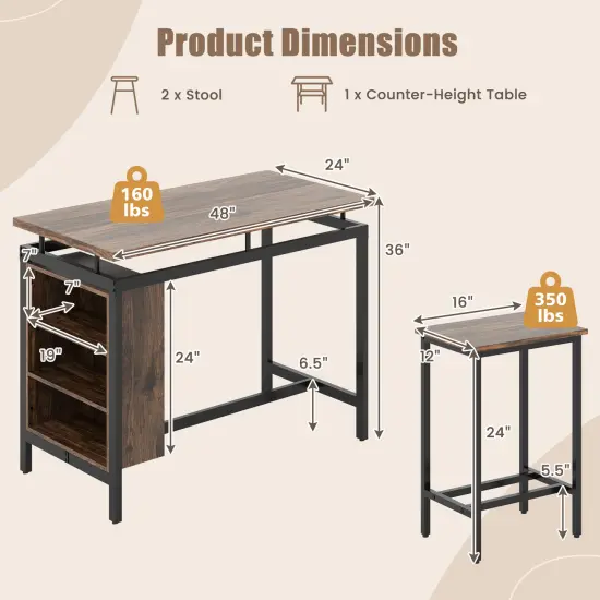3 Pieces Dining Table Set with 3-Tier Storage Shelf and Metal Frame-Brown {5}