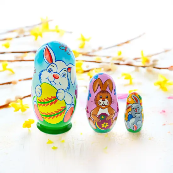 Set of 3 Bunnies and Easter Eggs Wooden Nesting Dolls 4.25 Inches {3}