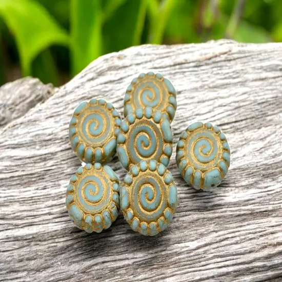 *6* 16mm Gold Washed Matte Turquoise Spiral Coin Beads {3}