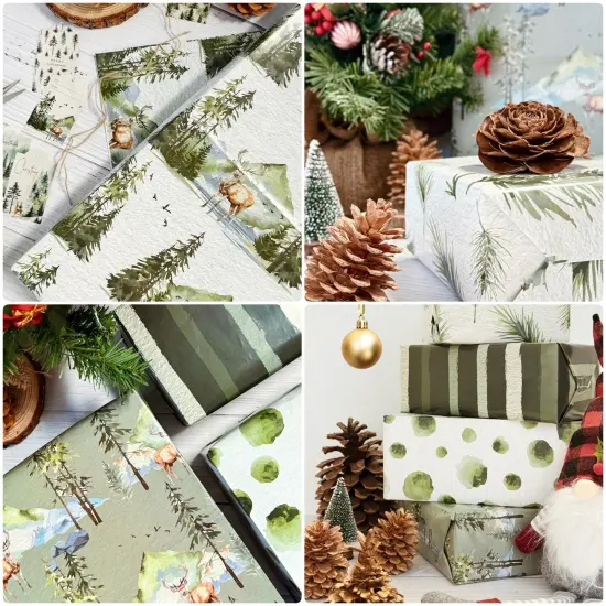 Wrapables Christmas Holiday Gift Wrap Paper Sheets Folded Flat 20L x 27W inches (12 Sheets), Green Nature {4}