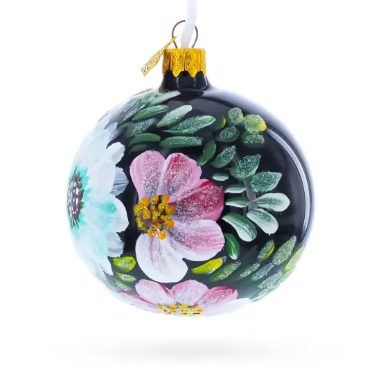 Pink and White Floral Blossoms Glass Ball Christmas Ornament 3.25 Inches {3}