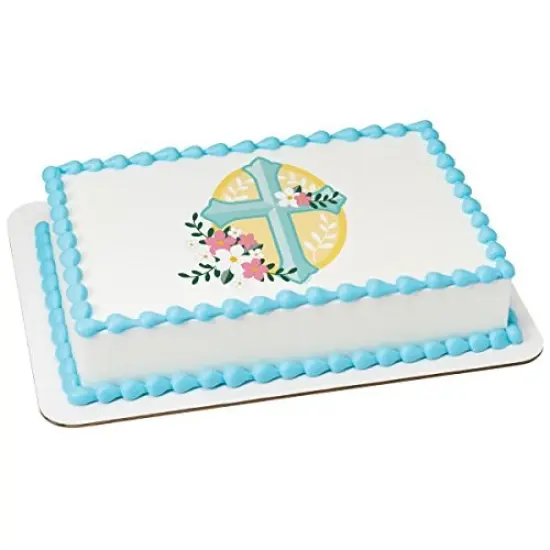 Communion Cross with Flowers PhotoCake&reg; Edible Cake Topper Icing Image for 1/4 Sheet cake or larger {1}