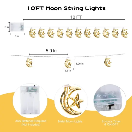 Vigdur Ramadan String Lights - 20 LEDs Eid Mubark Moon Star Fairy Lights Battery Operated with Timer, Ramanda Decoration Lights for Eid Al Adha Ramadan Home Decor, 10FT {4}
