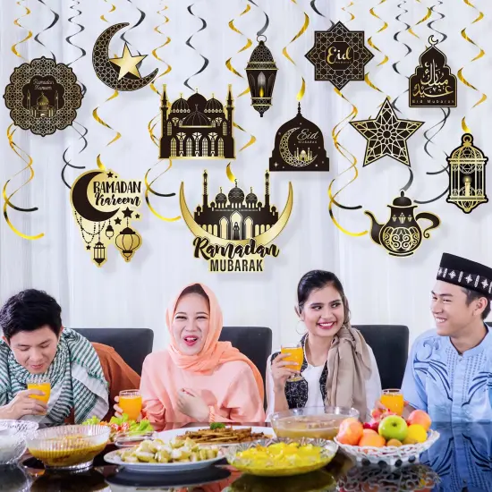 30 Pieces Ramadan Hanging Swirl Decorations, Eid Mubarak Ramadan Ceiling Decorations for Home, Foil Hanging Swirl Streams Eid Kareem Theme Decorations for Muslim Ramadan Party Supplies {3}