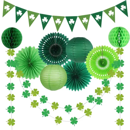 zilue St Patricks Day Decorations, Green Party Supplies Four-leaf Clover Garland Tissue Paper Fan Paper Lantern for Irish Party Saint Patricks Day Decor {1}