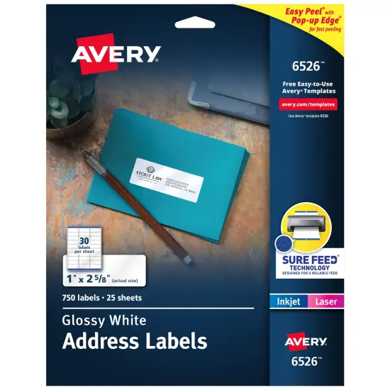 Avery Address Labels with Sure Feed and Easy Peel Technology, Glossy White Labels, 1" x 2-5/8", Permanent, Laser/Inkjet, 750 Glossy Labels (6526) {1}
