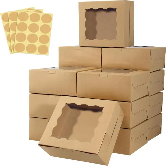 60 pcs Bakery Boxes with Window, 6 x 6 x 3 inches, Kraft Cookie Boxes Pastry Boxes for Baked Goods (Brown) {1}