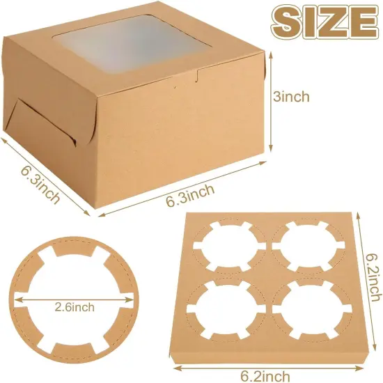 100 PCS Cupcake Boxes with Window 4 Count Cupcake Containers 6x6x3 Inch Brown Kraft Paper Cupcake Boxes Treat Boxes with Insert 4 Cavity for Muffins Cookies Cupcakes Macarons Donuts {2}