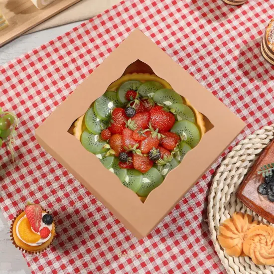 25 Kraft Bakery Boxes with Window, 8x8x4 Inches Cake Boxes with Window, Treat Boxes for Pastry, Cupcake, Cookies, Muffins, Pie {3}