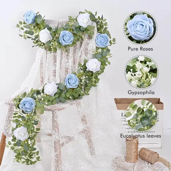 6.07FT Artificial Eucalyptus Garland with Flowers, Fake Rose Gypsophila Floral Garland, Greenery Garland Floral Vines for Wedding Table Backdrop Party Centerpiece Room Decor (Blue) {3}