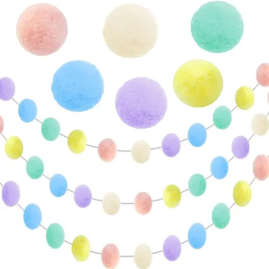 Easter Pom Pom Garland Decorations, 3 Pack 30 Balls Pastel Felt Ball Garlands Colorful Hanging for Wall Window Classroom Birthday Party Home Decor {1}