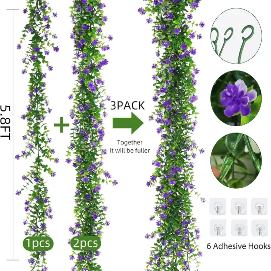 Fake Hanging Eucalyptus Garlands Artificial Vines Plants Eucalyptus Leaves with Flowers Greenery Spring Floral Garland for Home Garden Wedding Wall Arch Party Decoration(Purple) {2}