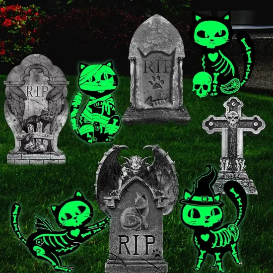 8PCS Halloween Decorations Outdoor, 4pcs Glow in the Dark Black Cat 4pcs Graveyard Tombstones Signs {1}