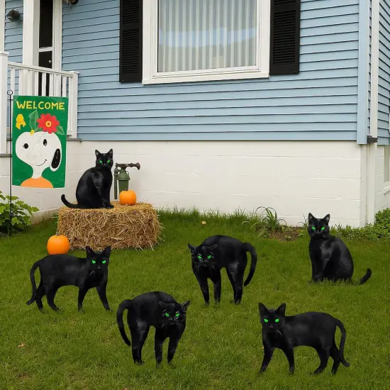 6ct Black Cat Decor Yard Signs with Stakes, Scary Silhouette with 3D Visual Furs {6}