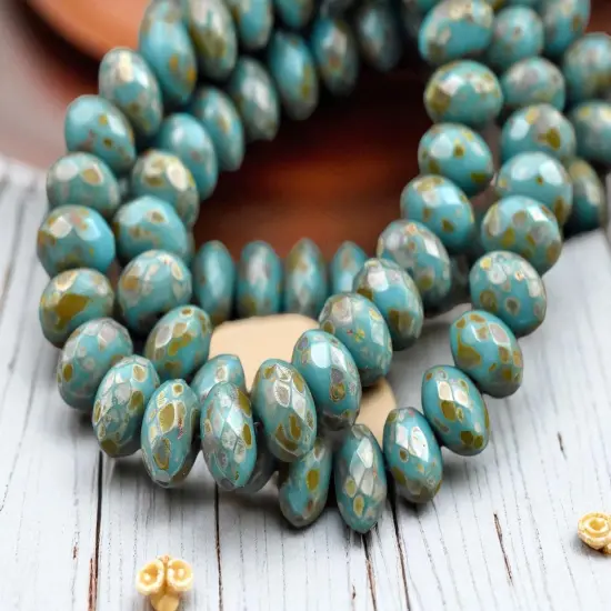 *25* 6x8mm Teal Turquoise Picasso Fire Polished Rondelle Beads {4}