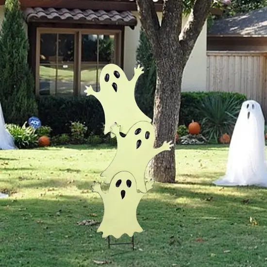 Halloween Yard Stake, 38.6" Glow in The Dark Metal Stacked Ghost with Green {6}