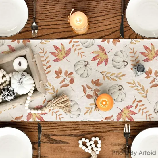 Orange Pumpkins Fall Maple Leaves Fall Table Runner {4}