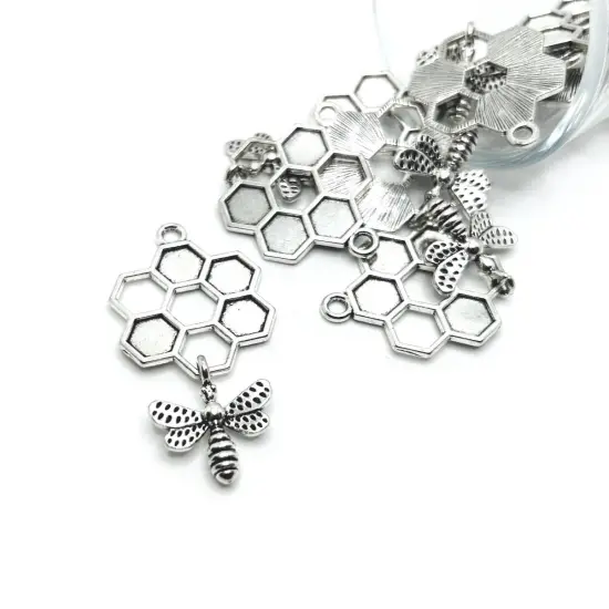 Silver Honeycomb Charms with Hanging Bee, 47x24mm {1}