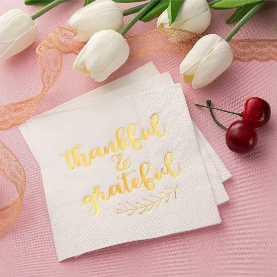 50 Pack Thanksgiving Cocktail Napkins Party Supplies Table Decorations, Thankful and Grateful (5 x 5 In) White {4}