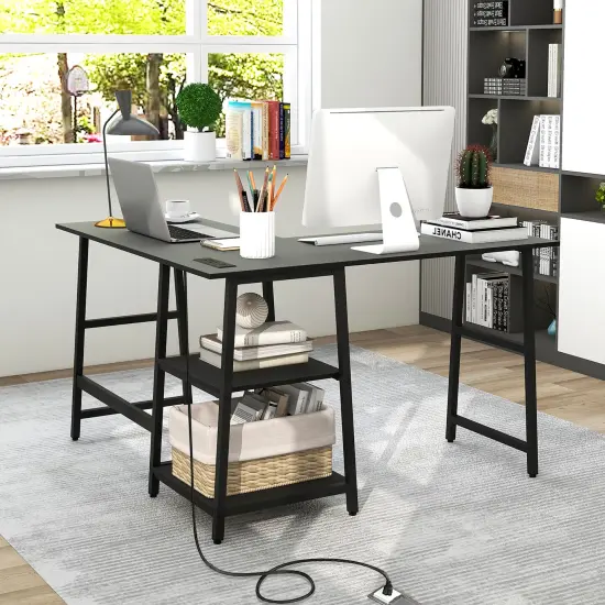Costway L Shaped Corner Computer Desk Study Table w/Storage Shelves Black/Rustic Brown {5}