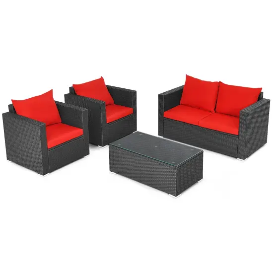 Costway 4 PCS Patio Rattan Furniture Set Cushioned Sofa Chair Coffee Table Blue/Red {8}