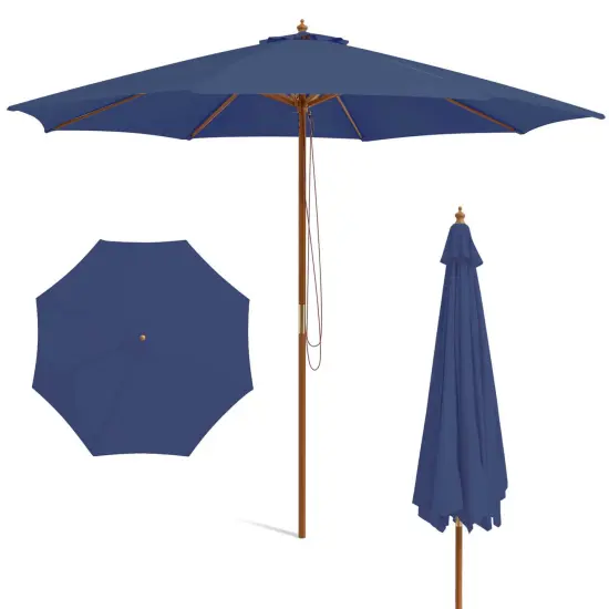 Costway 10FT Patio Wooden Market Table Umbrella Pulley with 8 Bamboo Ribs Sunshade Canopy Coffee/Gray/Navy/Wine/Beige {9}