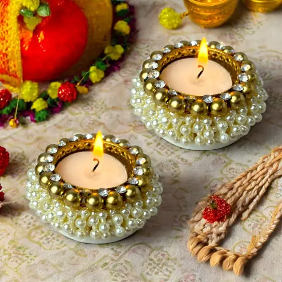 4 Pcs Pearl Tealight Candle Holder Festival of Light Decorative T-light Holder for Diwali Navratri Christmas Thanksgiving Housewarming Gift Candle Stand for Centerpiece Table Home Decor {3}