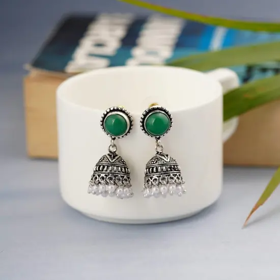 Indian Oxidized Jhumka Earrings for Women - Indian Oxidized Bell Tassel Jhumki Ethnic Chandbali Earrings Faux Pearls with Oxidized Platting Bollywood Style Dangle Earring Jewelry for Bride Assorted {1}