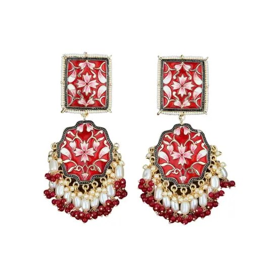 Oversized Indian Jhumka Earrings &ndash; Square Stud Jhumki, Ethnic Chandbali with Floral Print & Faux Pearls &ndash; Bollywood Dangle Jewelry for Women, Bride & Birthday Gift GREY {4}