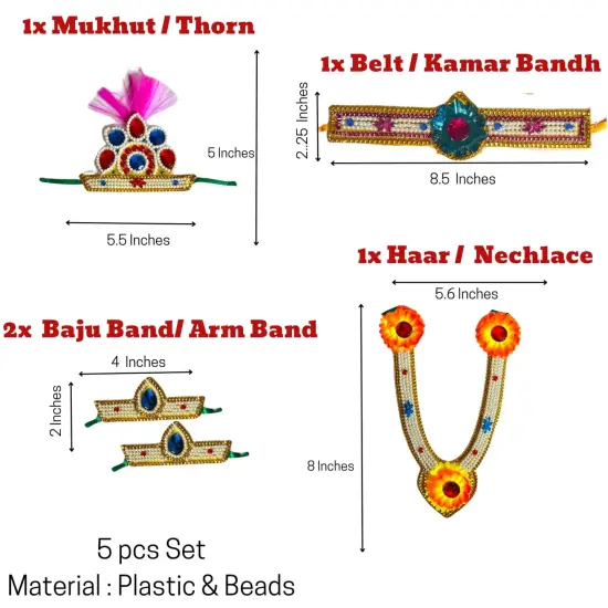 Krishna Jewelry Set for Janmashtami Celebration Krishna Leela Complete Accessories Makhan Chor Kanha Jewelry Set - Mukut Necklace Waist & Arm Band (5 Pcs Set) Red {4}