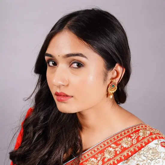 Indian Ethnic Earrings for Women - Traditional South Indian Stud Earrings Gold Plated Vibhati Jhumkas Faux Kundan Dangle Drop Earrings in Gold Tone Ear Jewelry for Bride | Gift for Her PINK {3}