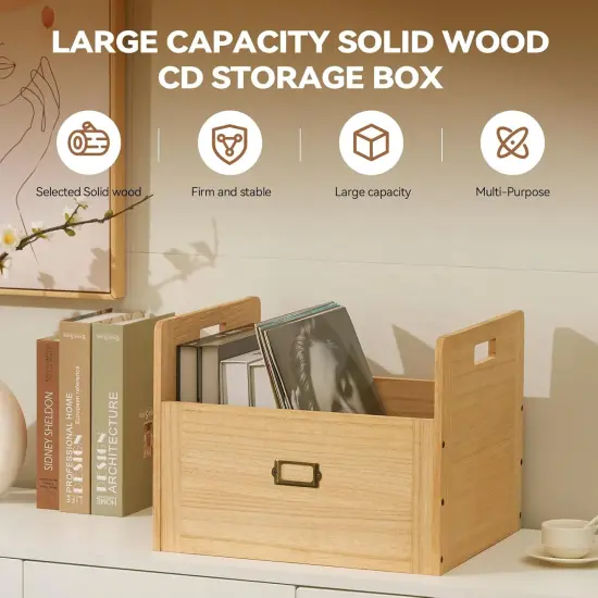 Wooden Vinyl Record Storage Box Storage Crate Box for LP Hold Up to 80 Records Natural {5}