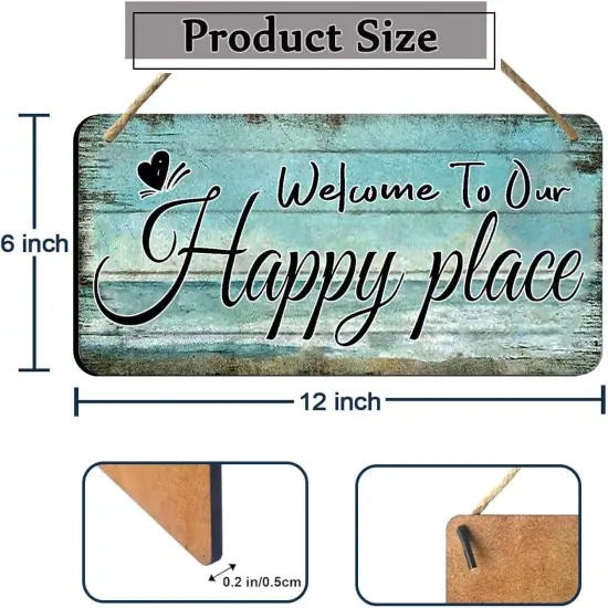 Welcome To Our Happy Place Sign Personalized Front Door Signs For Home Decor Wooden Hanging Sign Beach Signs Patio Wall Decor Summer Wood Porch Sign House Welcome Door Sign 6x12 Inch {2}