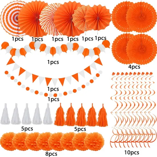 Party Decorations, 41 Pcs Orange Papar Fans Pompoms Garlands, Banner String Tissue Paper Tassel for Halloween New Years Spring Festival Wedding Birthday Party {2}