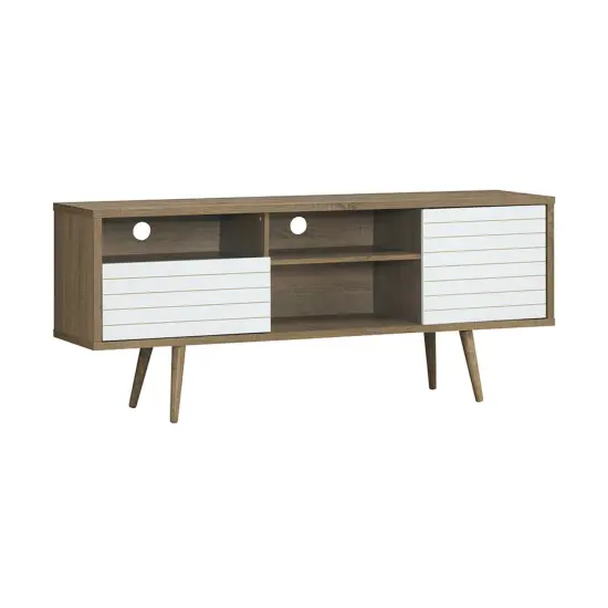 MDF Modern TV Stand, 65 inches Mid-Century, Storage Shelves and Safe Walnut & White {7}