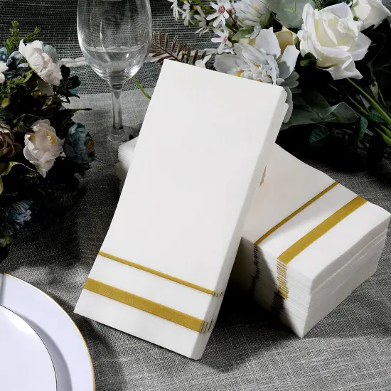 200 Linen Feel Disposable Bathroom Napkins, Soft and Absorbent Paper Guest Towels, Cloth-Like Hand Towels Decorative Paper Napkins for Parties, Weddings, Dinners or Events, Gold, 12" x 17" {4}