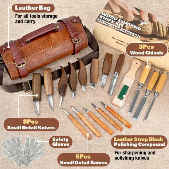 Wood Carving Kit, 20Pcs Wood Carving Tools with PU Leather Storage Bag, Wood Whittling Kit with 3Pcs Chisels & 8Pcs Whittling Knives & 5 Detail Carving Knives for Beginners and Enthusiasts {2}