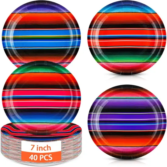 40 Pcs Mexican Paper Plates 7" Disposable Serape Fiesta Party Decoration Mexico Stripes Dessert Plate Colorful Mexico Platter Supply for Cinco De Mayo Pi&ntilde;ata Taco Dinner Tableware {1}