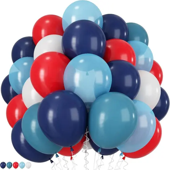 Red Blue White Balloons, 12Inch 60Pcs Navy Blue Pearl Blue Retro Sea Blue Balloons with Red White Balloon, Blue and Red Latex Balloon for Superhero Birthday Baseball Party Labor Independence Day Decor {1}