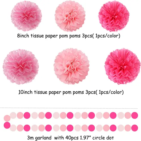 Rose Hot Pink Party Decorations - 23pcs Girl Birthday Baby Shower Tissue Pom Poms Streamers, Bachelorette Bridal Wedding Engagement Supplies Tassel Garland Banner, Favors Decor {2}