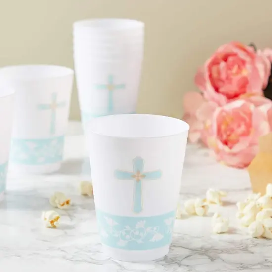 16 oz Baptism Tumbler Cups, First Communion Decorations, Party Supplies (16 Pack) White {4}