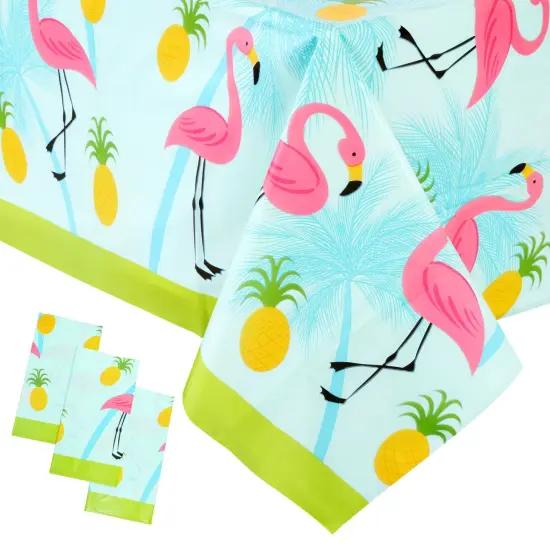3-Pack Flamingo Pattern Tablecloth for Pineapple Themed Birthday Decorations, Plastic Table Cover for Tropical Hawaiian and Flamingo Themed Party Supplies, Summer Pool Party (54x108 Inches) Blue {1}