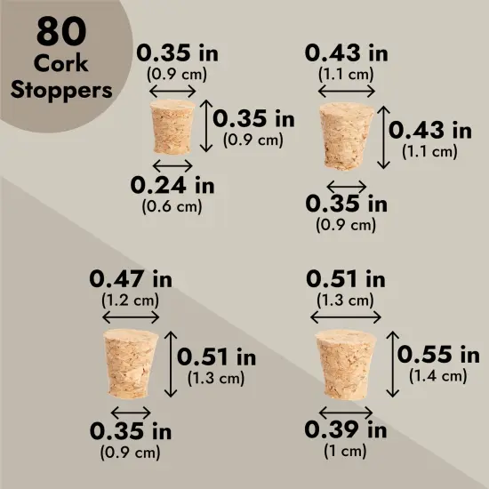 80-Pcs Small Cork Stoppers Assorted Sizes - Mini Tapered Cork Plugs for Wine Bottles, Salt and Pepper Shakers, Crafts (Bulk Pack, 8 Sizes) Brown {4}