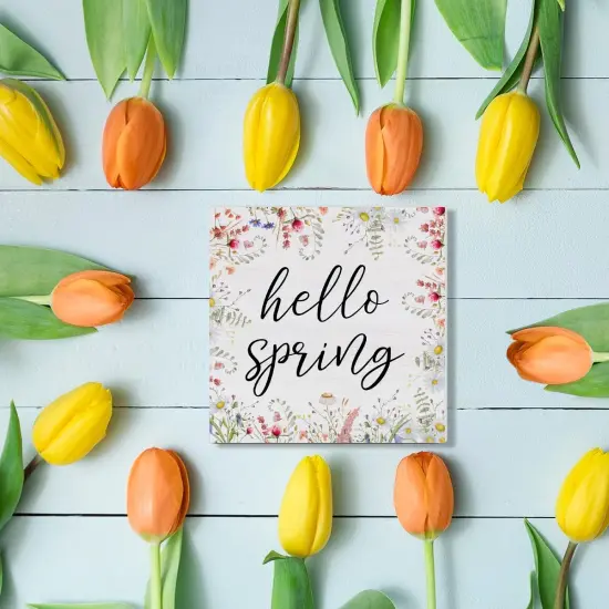 Spring Decor Farmhouse Desk Decorations Wooden Sign, Hello Spring Wood Plaque Block Sign Rustic Home Decor 5 x 5 Inches {5}