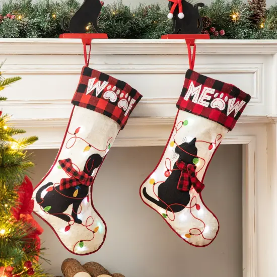 Set of 2 LED Embroidered Linen Christmas Stockings - Dog {2}