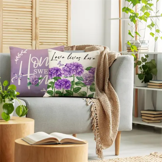 Spring Pillow Covers 18x18 Purple Spring Summer Farmhouse Decorations Hydrangea Vases Butterfly Throw Pillow Covers Home Sweet Home Cushion Case for Sofa Couch Set of 4 {2}