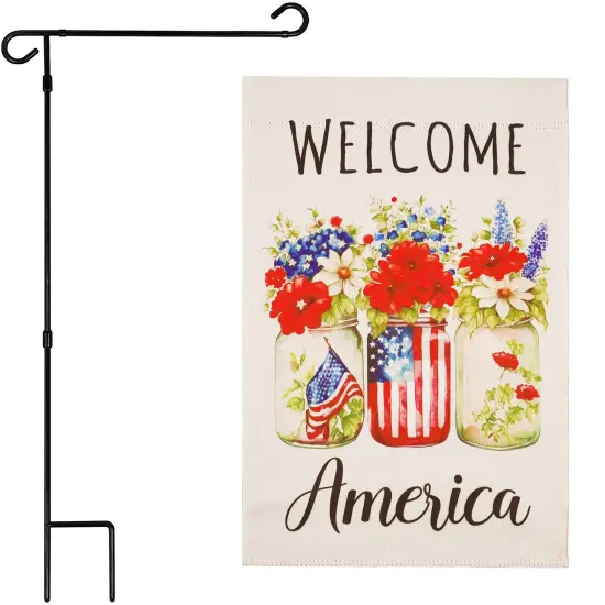 G128 Combo Pack Garden Flag Stand Black 36x16IN & Garden Flag Welcome America Mason Jars Printed 12x18IN Double Sided Yard Garden Lawn Decoration {1}