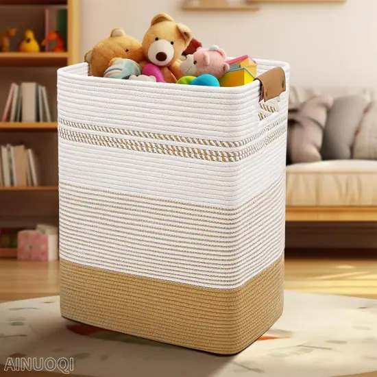 Laundry Hamper - 85L Large Laundry Basket with Leather Handles, Decorative Storage Basket for Blankets - Cotton Rope Woven Baskets for Storage, Clothes Hamper for Living Room, Jute & White {2}