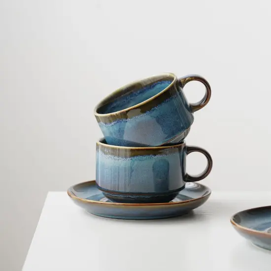 Ceramics 10oz Cappuccino Cups with Sacuer, Set of 2, Coffee Cup for Au Lait, Latte, Tea, Mocha-Set of 2, Dishwasher and Microwave, Reactive Blue {2}