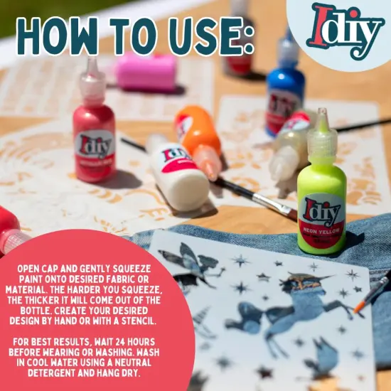 Fabric Paints- Set of 24 (1oz bottles) Ultra Bright 3D Colors- Includes Glitter, Metallic, Glow in Dark, Neon, 5 Stencils, & 3 Brushes, Non-Toxic, Permanent, Birthday Party Art Craft, Craft {3}